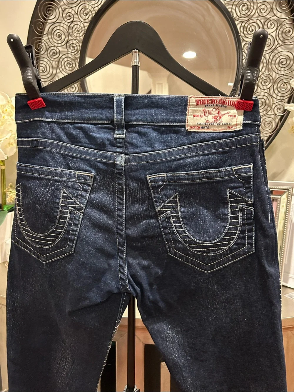 True Religion Men's Dark Indigo Moto Slim Straight Jeans